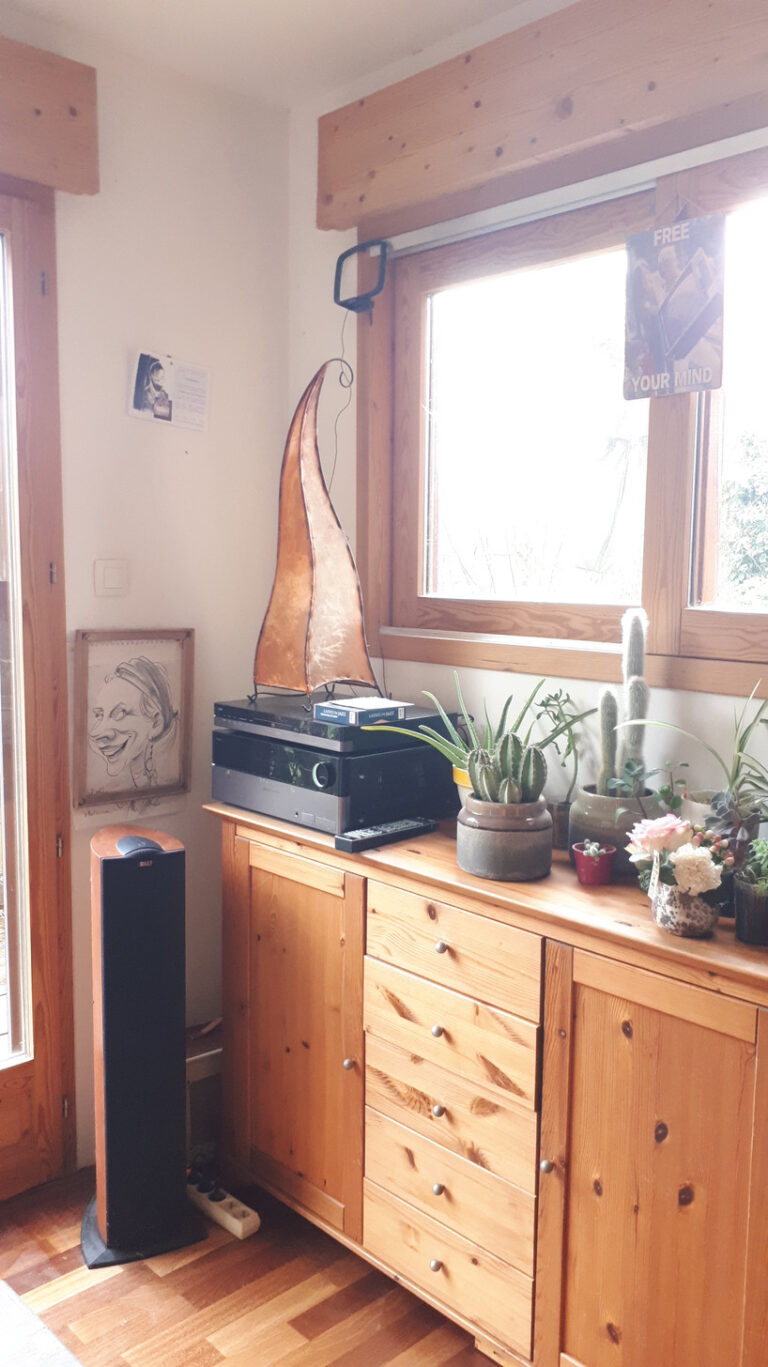 Buffet qui n’est plus enseveli sous les CD mais peut accueillir de belles plantes.